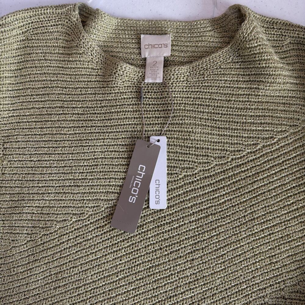 Chico's 2 Large shannon shine Metallic party Sweater Pullover Green festival NWT - Picture 13 of 14